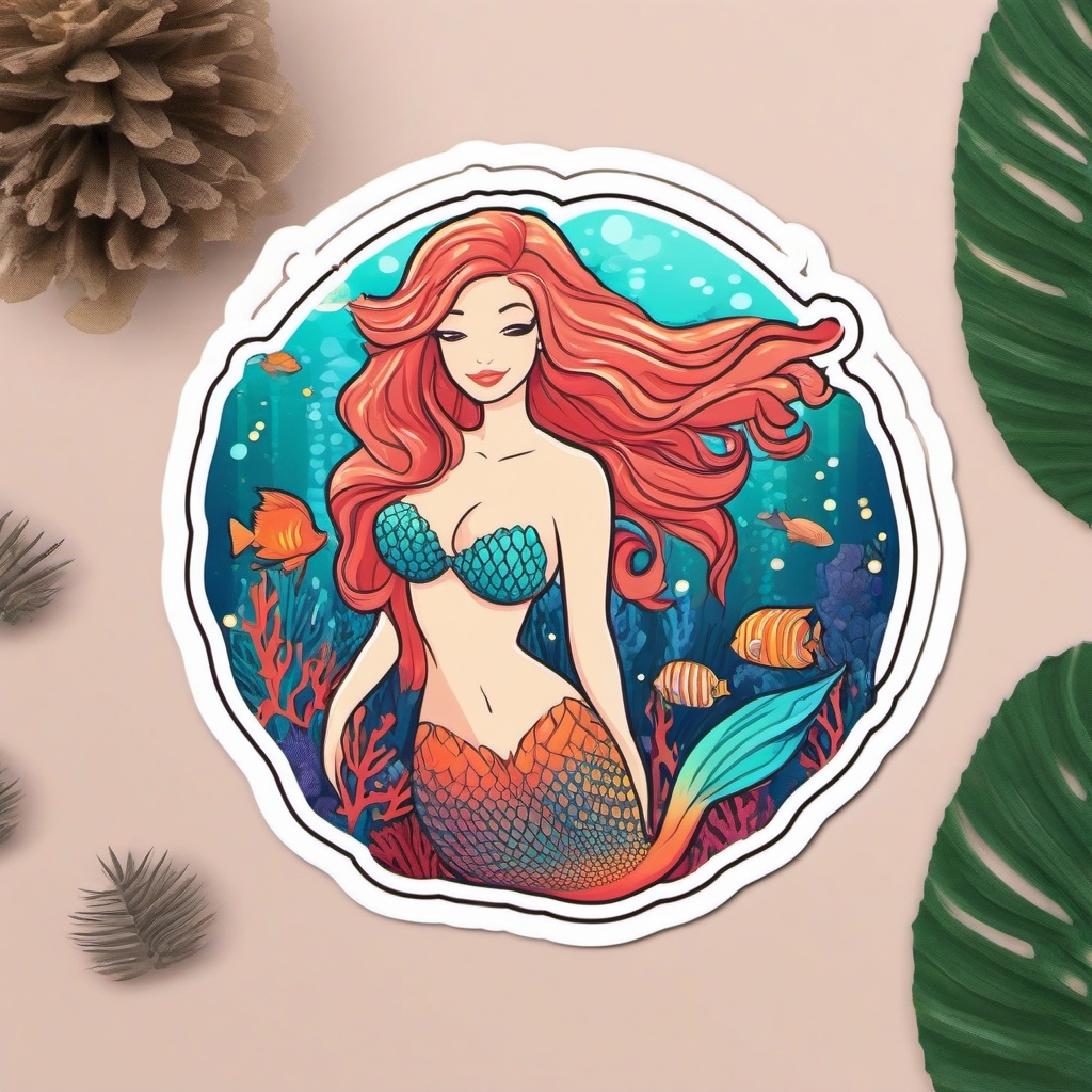 Magical Mermaid Sticker - A magical mermaid swimming among coral and marine life, ,vector color sticker art,minimal