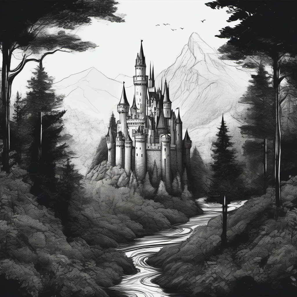 drawing of a castle in a dense forest  minimal rough sketch scribbles,doodles,black and white