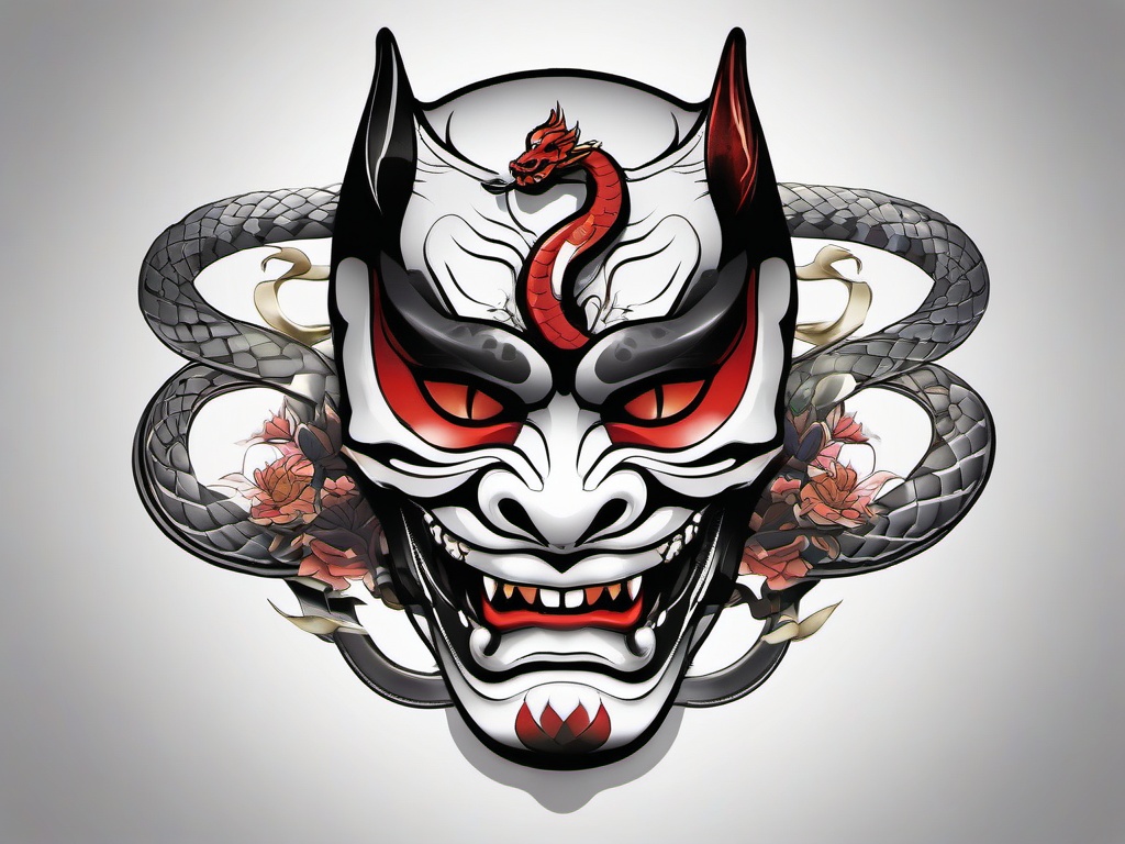 Hannya Mask and Snake - Features the Hannya mask alongside a snake motif, creating a powerful and symbolic tattoo design.  simple color tattoo,white background,minimal