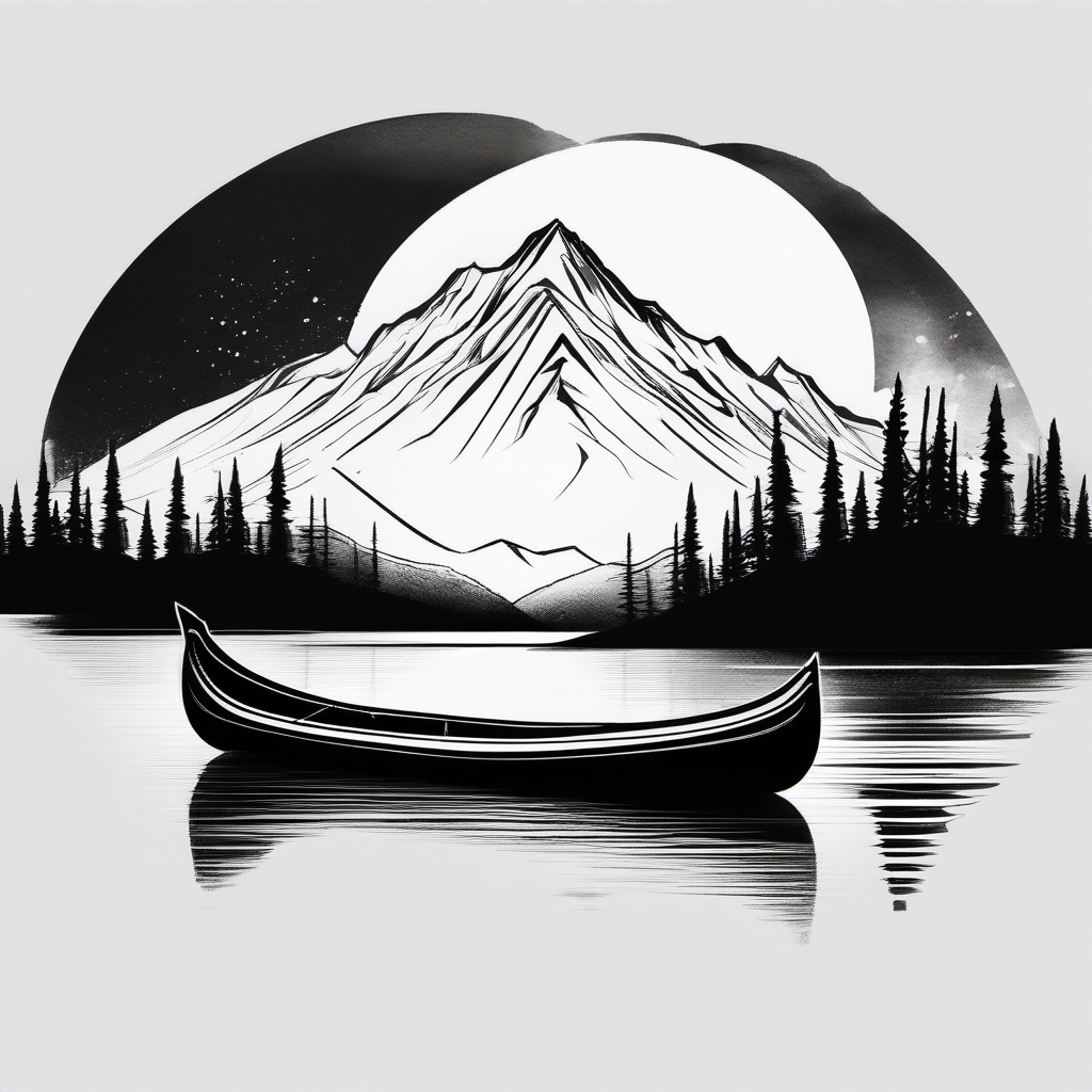 Canoe with mountain backdrop ink. Adventure in the wild.  minimalist black white tattoo style