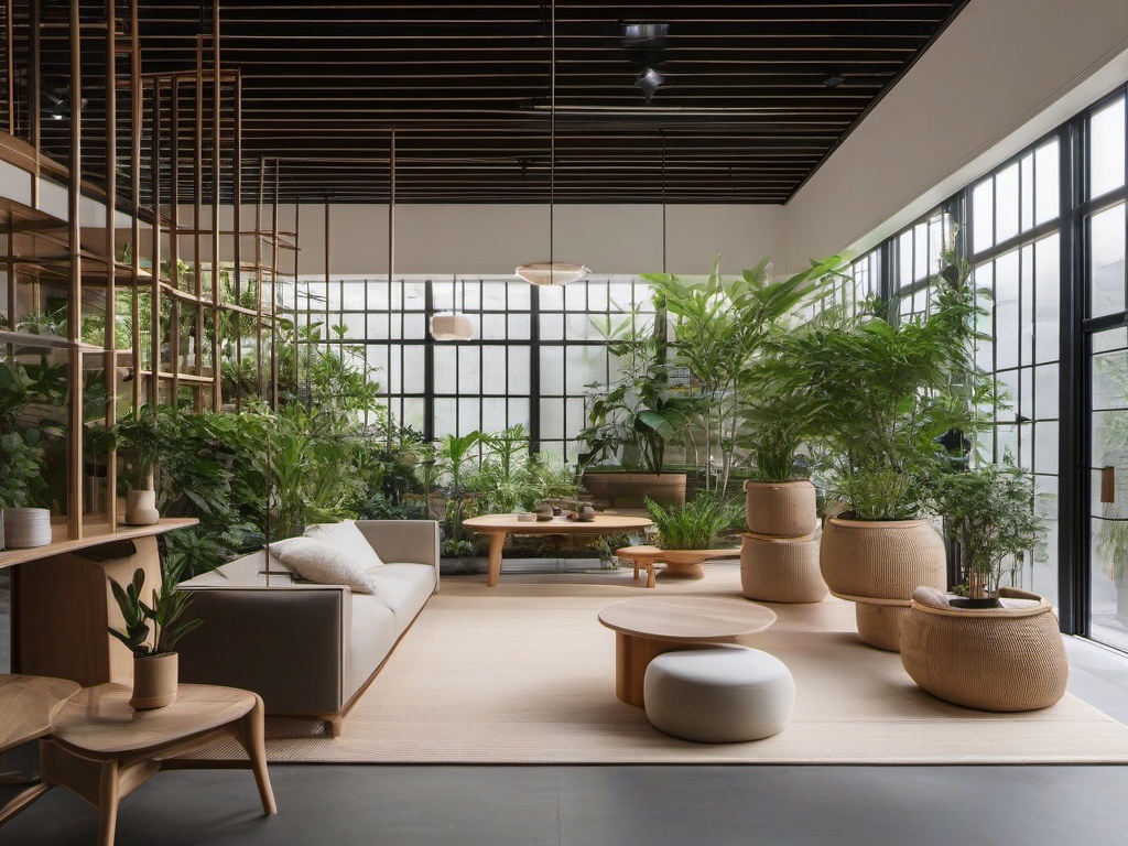 The greenhouse showcases Japandi interior design with natural materials, minimalist aesthetics, and ample light that create an inspiring environment for gardening and plant care.  