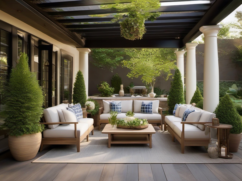 The outdoor patio embraces traditional interior design with comfortable furniture, classic planters, and lush greenery that create a charming space for relaxation and gatherings.  