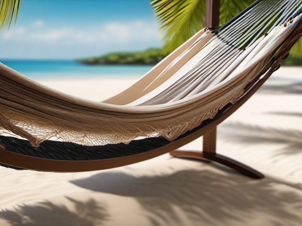 Beachside hammocks for relaxation close shot perspective view, photo realistic background, hyper detail, high resolution