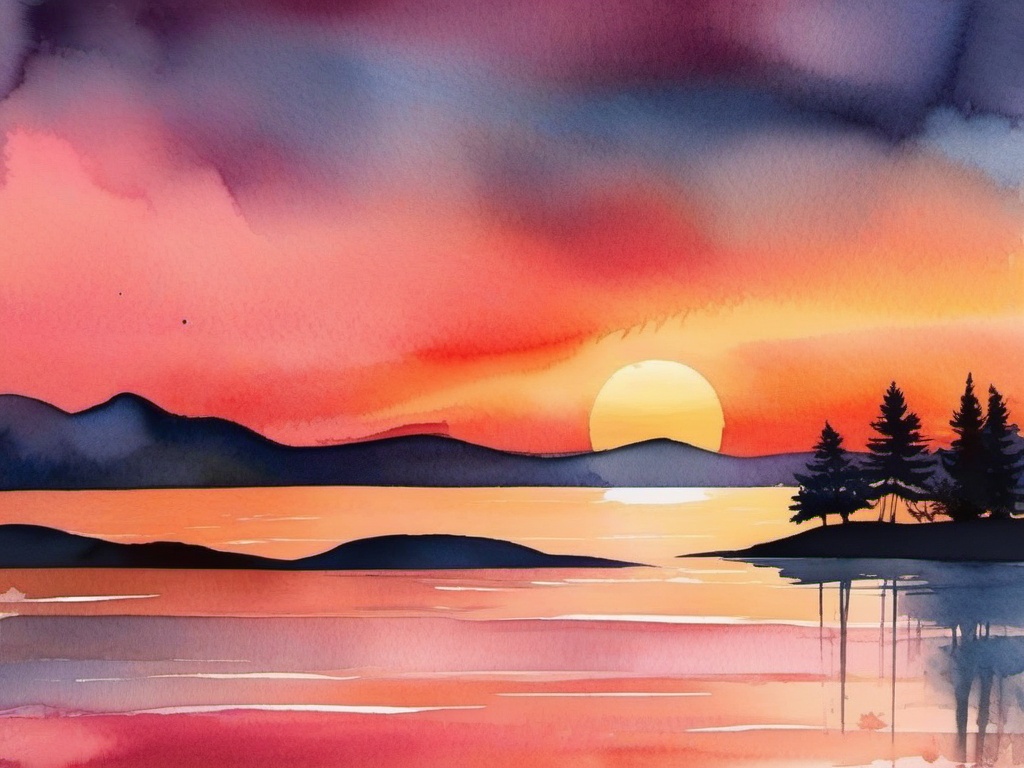 Watercolor Sunset clipart - A vibrant watercolor sunset over the lake., ,vector color clipart,minimal