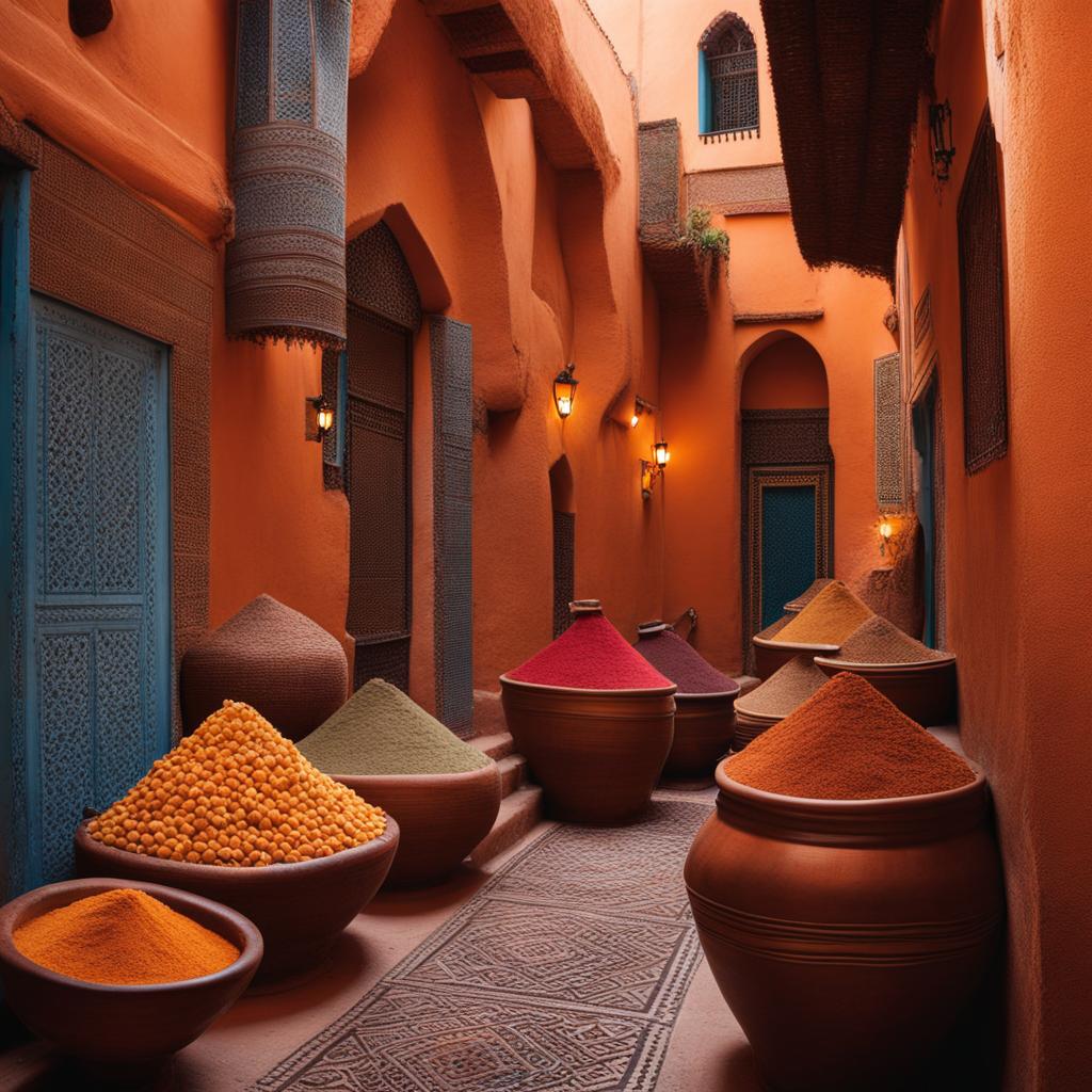 wander through the labyrinthine streets of a moroccan medina, filled with vibrant textiles and spices. 