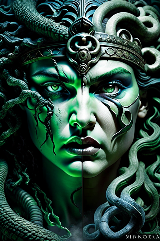 medusa vs gorgon - petrifying entities face off in a cursed temple, serpentine locks and stony visages meeting in a deadly stare. 