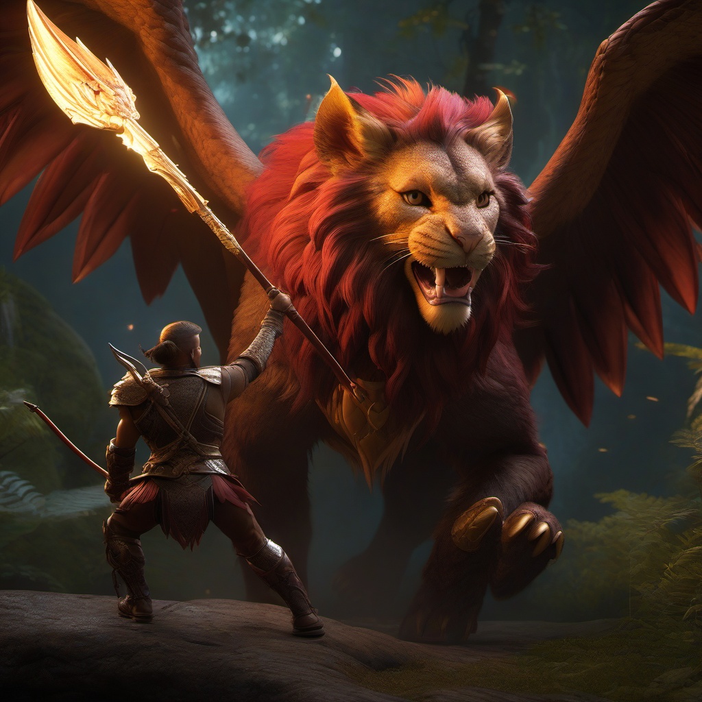 Manticore Whelp Playing Fetch with an Archer detailed matte painting, deep color, fantastical, intricate detail, splash screen, complementary colors, fantasy concept art, 8k resolution trending on artstation unreal engine 5