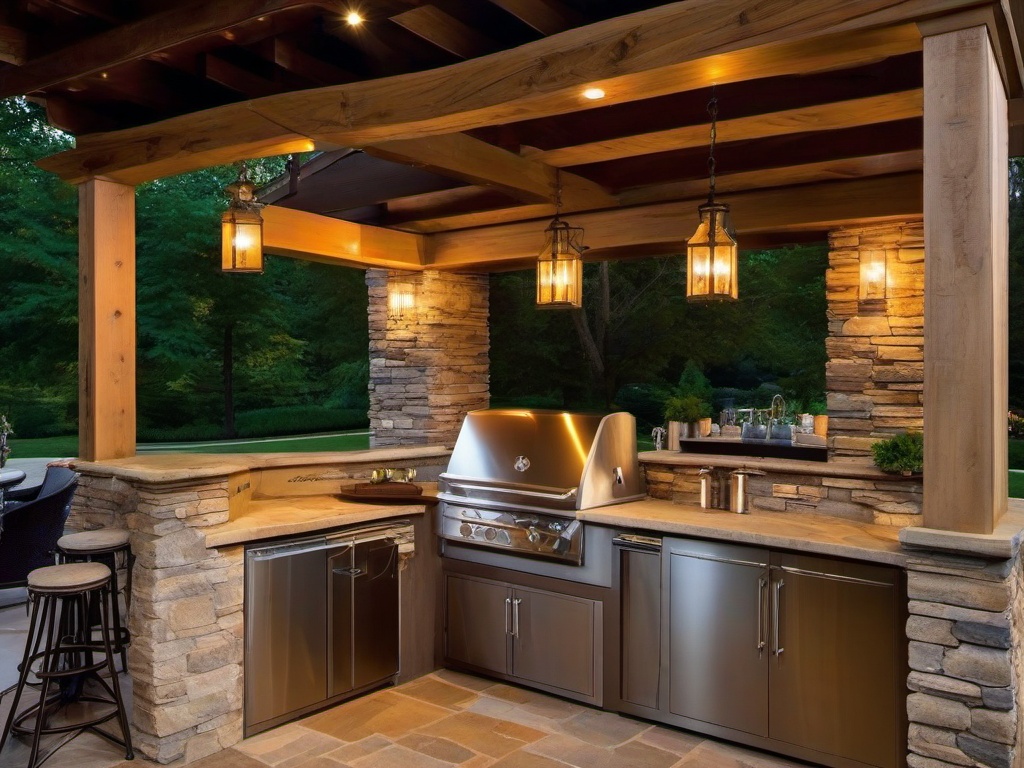 Rustic outdoor kitchen highlights natural stone countertops, wooden beams, and vintage accents, evoking a cozy and charming atmosphere for alfresco dining.  