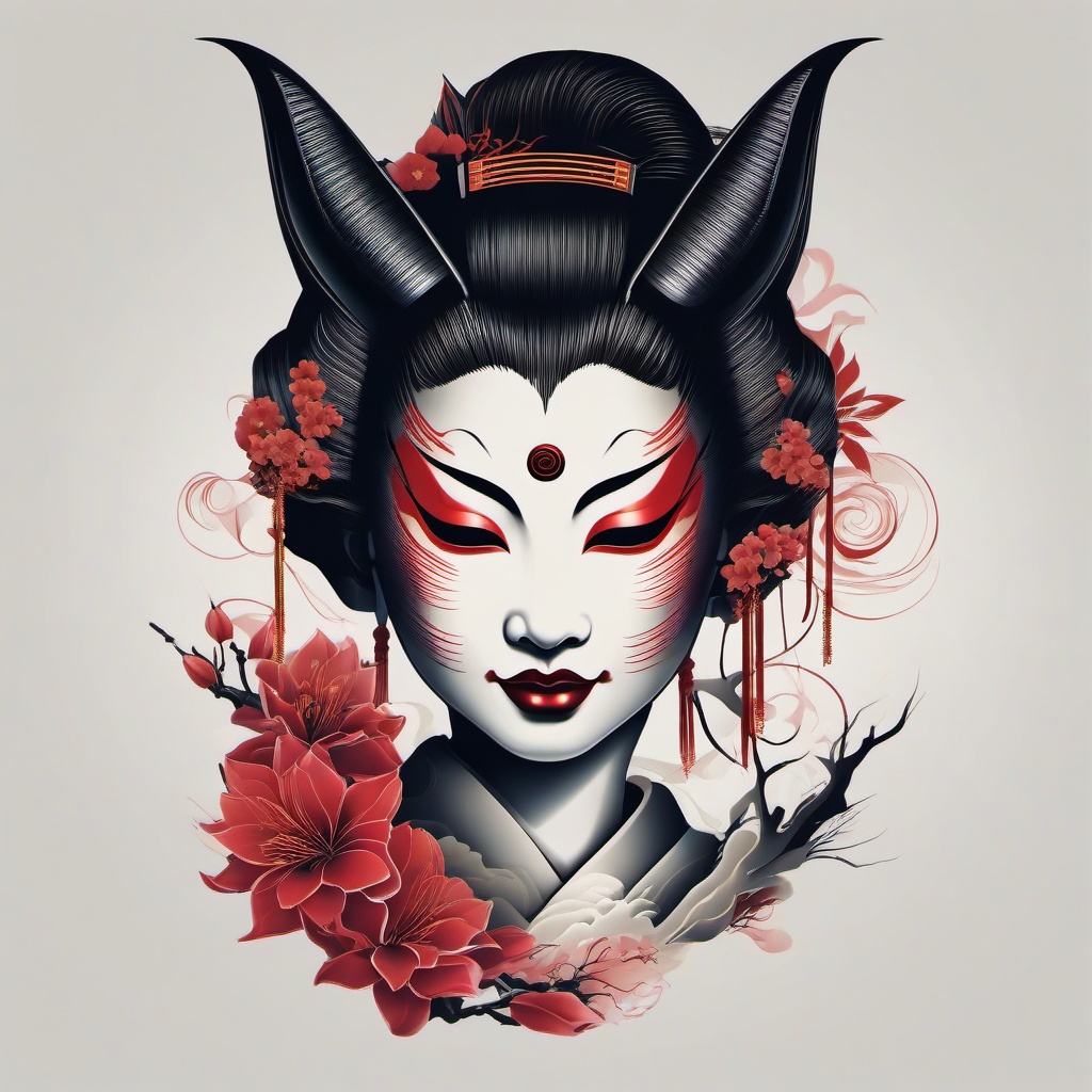 geisha hannya mask  simple color tattoo,white background,minimal