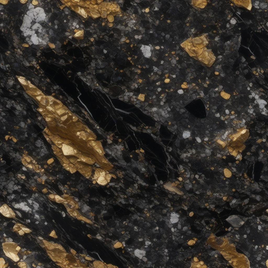 Granite displaying a mix of silver, black, and gold hues top view, product photoshoot realistic background, hyper detail, high resolution