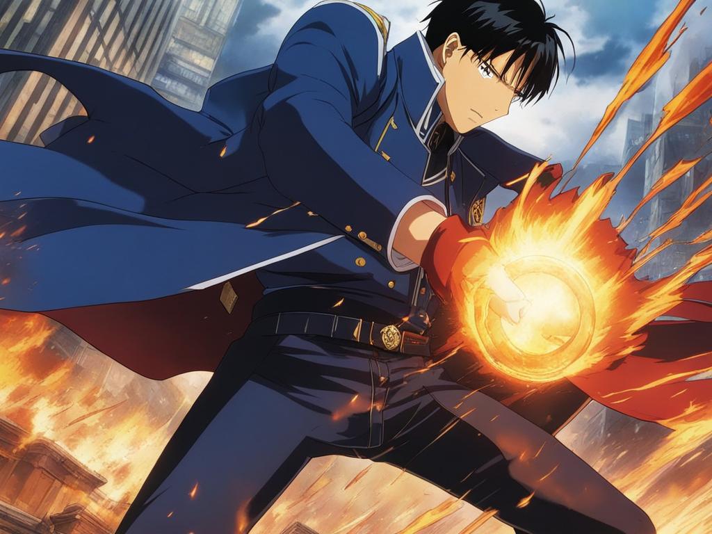 roy mustang creates fiery explosions in a rain-soaked urban battlefield. 