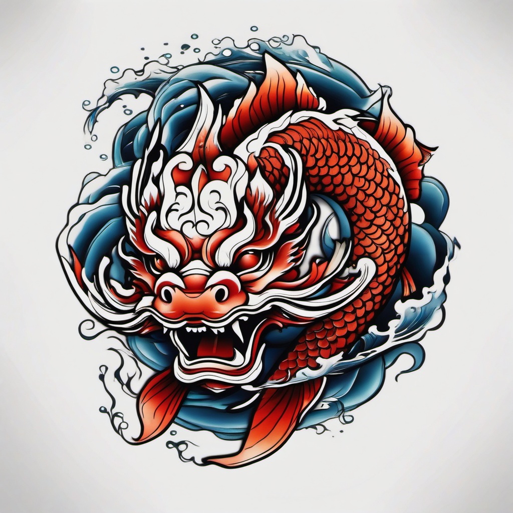 oni mask koi fish tattoo  simple color tattoo,white background,minimal