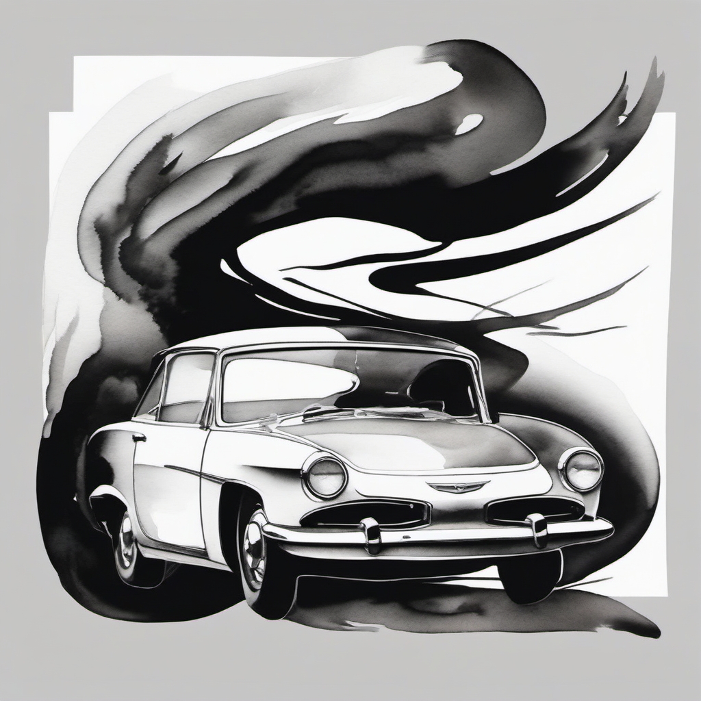 Abstract car in watercolor ink. Fluidity in the art of driving.  minimalist black white tattoo style