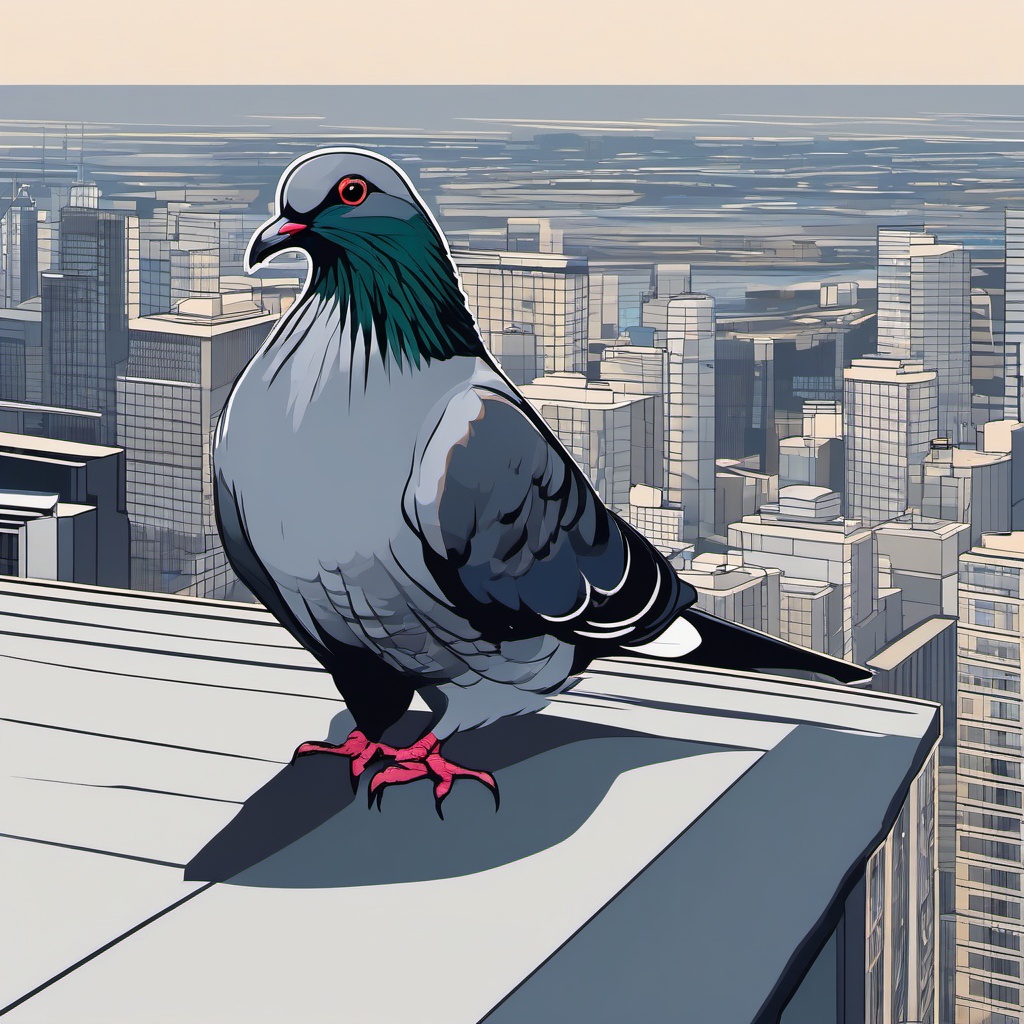 Pigeon Clipart - Pigeon perched on the edge of a city rooftop , minimal, 2d