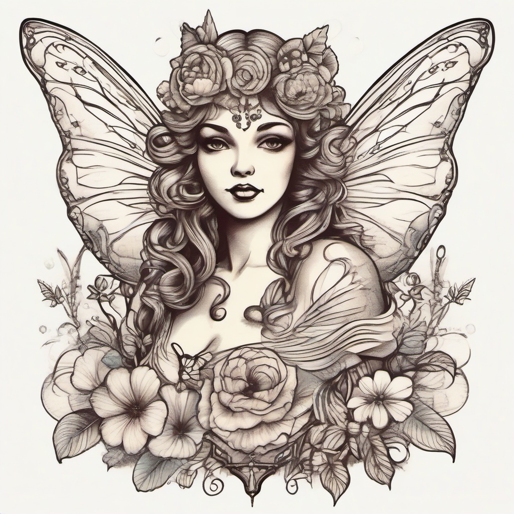 vintage fairy illustration  ,tattoo design, white background