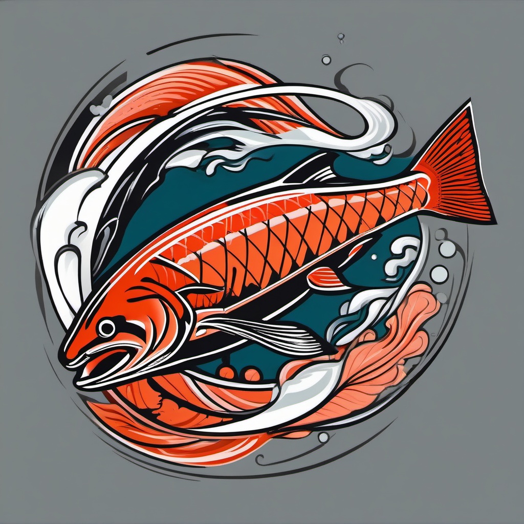 Salmon Tattoo-Bold and vibrant tattoo featuring a salmon, symbolizing determination, strength, and perseverance.  simple color vector tattoo