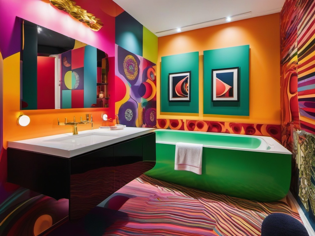 In the guest bathroom, psychedelic interior design features bold colors, playful decor, and whimsical fixtures that create a welcoming atmosphere for visitors.  