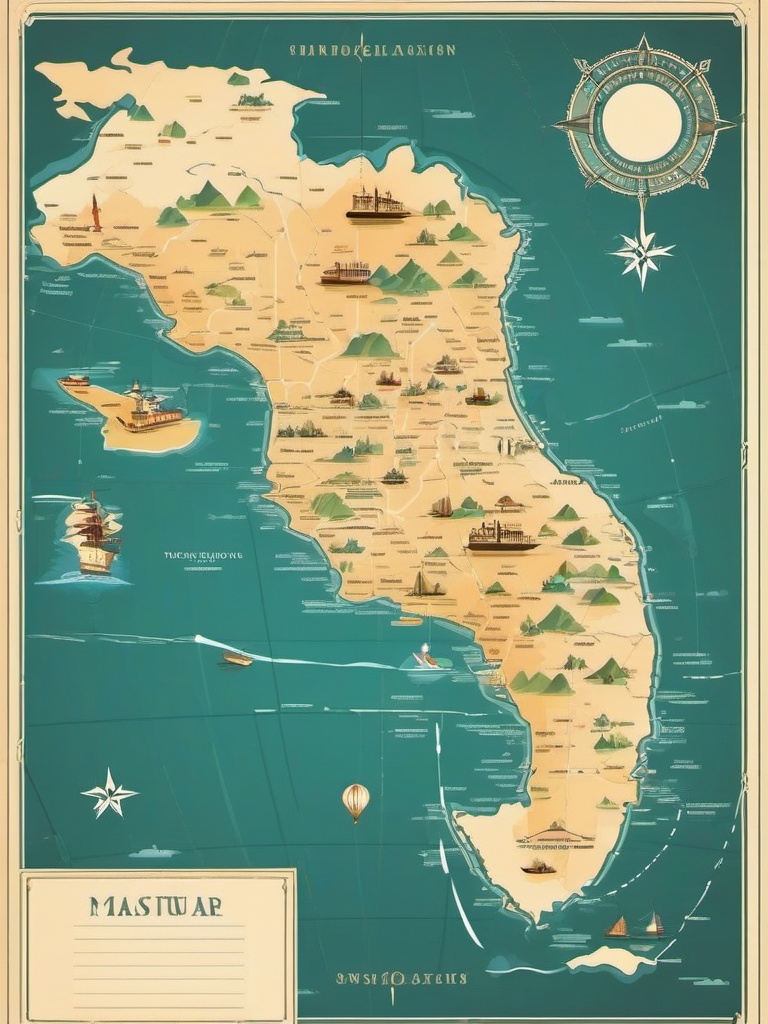 Map Clipart - Vintage map with marked routes and exotic destinations.  color clipart, minimalist, vector art, 