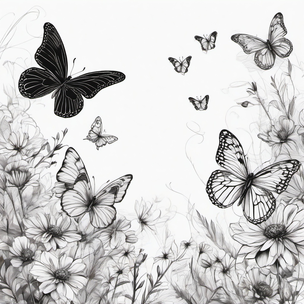 drawing of butterflies fluttering around colorful flowers  minimal rough sketch scribbles,doodles,black and white