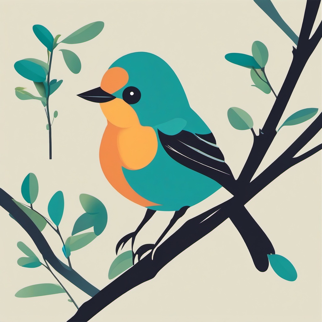 Cute clipart - little bird with a tiny hat sitting on a branch  color,minimalist,vector clipart