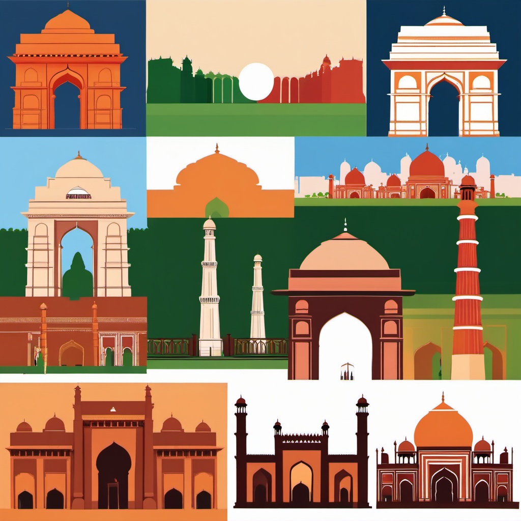 New Delhi clipart - India Gate and Jama Masjid in India,  color vector clipart