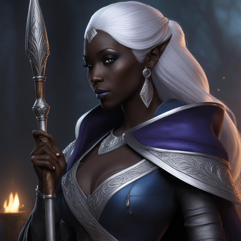 liriel baenre the drow sorceress weaves intricate spells with a silver staff. 