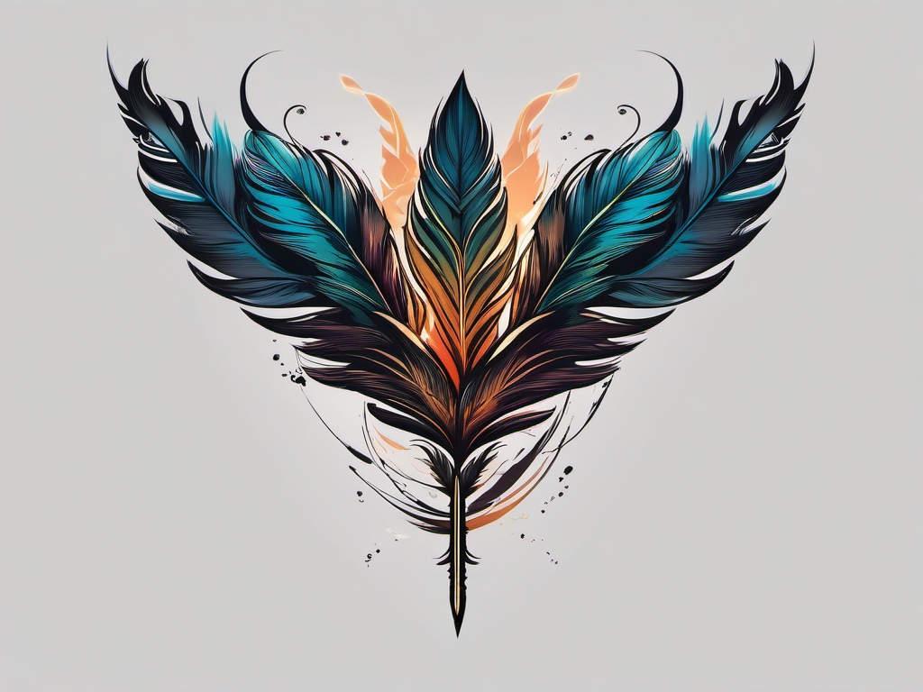 Hexed feathers float, leaving a cursed plume mark in the tattoo.  simple color tattoo style