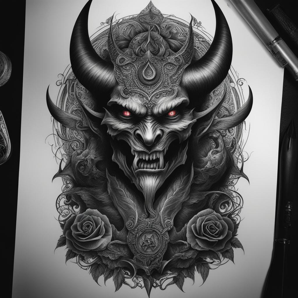 demon tattoo, exploring the dark and supernatural with demonic designs. 