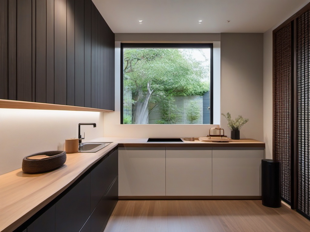 A utility room designed with Japanese Zen interior design includes practical storage, clean finishes, and a minimalist layout that makes chores feel stylish and manageable.  