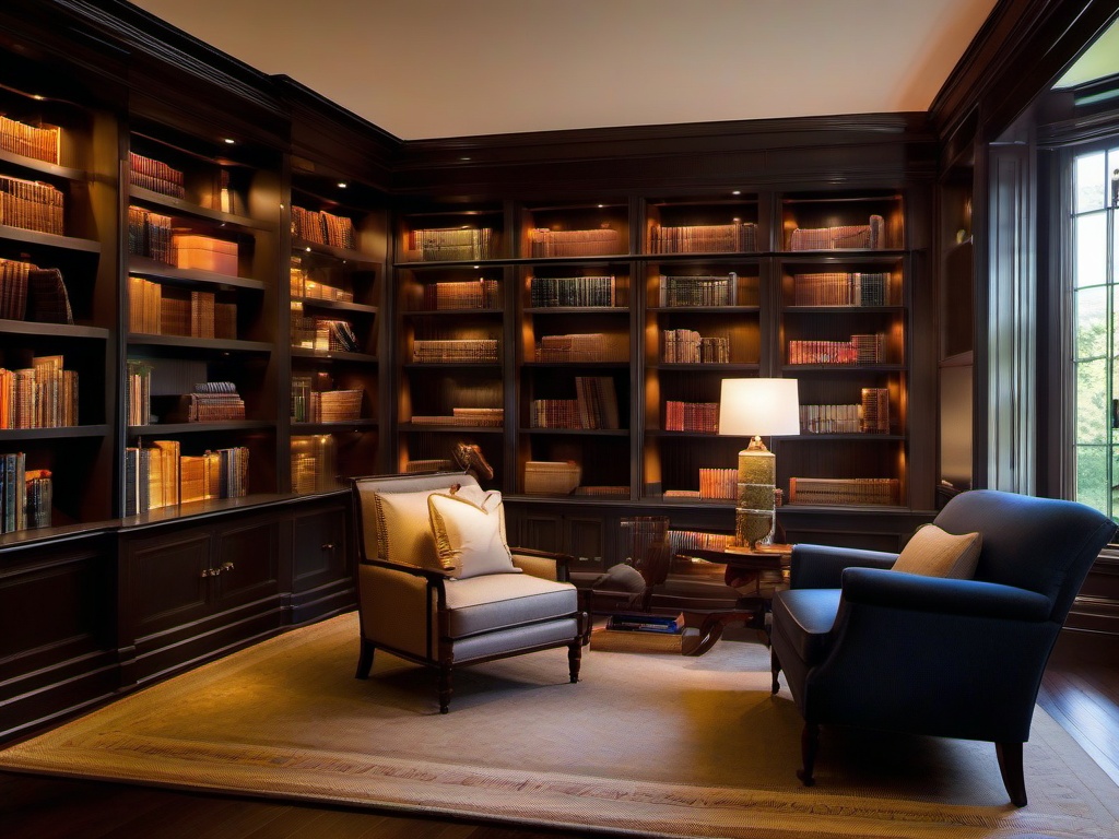 In the library room, traditional interior design incorporates built-in bookshelves, a classic reading chair, and warm lighting that inspire reading and relaxation in a sophisticated setting.  