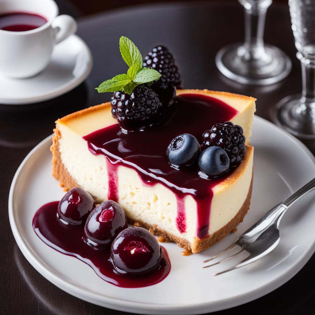 classic cheesecake with a berry compote, savored at a trendy café with live jazz music. 