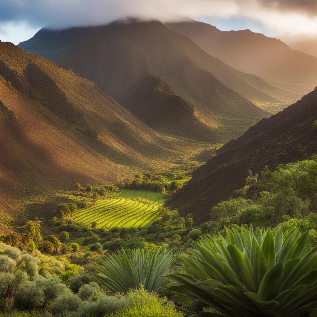 untouched landscapes of la gomera - paint a scene from the pristine landscapes of la gomera in the canary islands, featuring lush forests and serene beaches. 