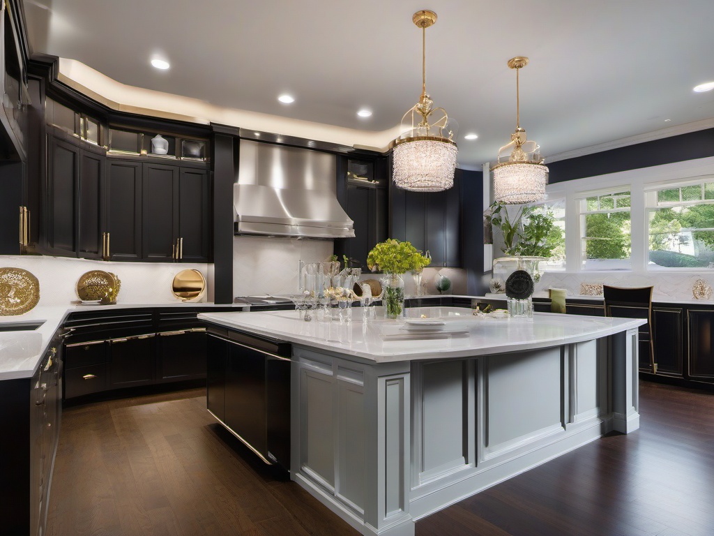 Hollywood Regency kitchen showcases elegant finishes, shiny accents, and stylish seating, creating an upscale yet inviting environment for cooking and dining.  