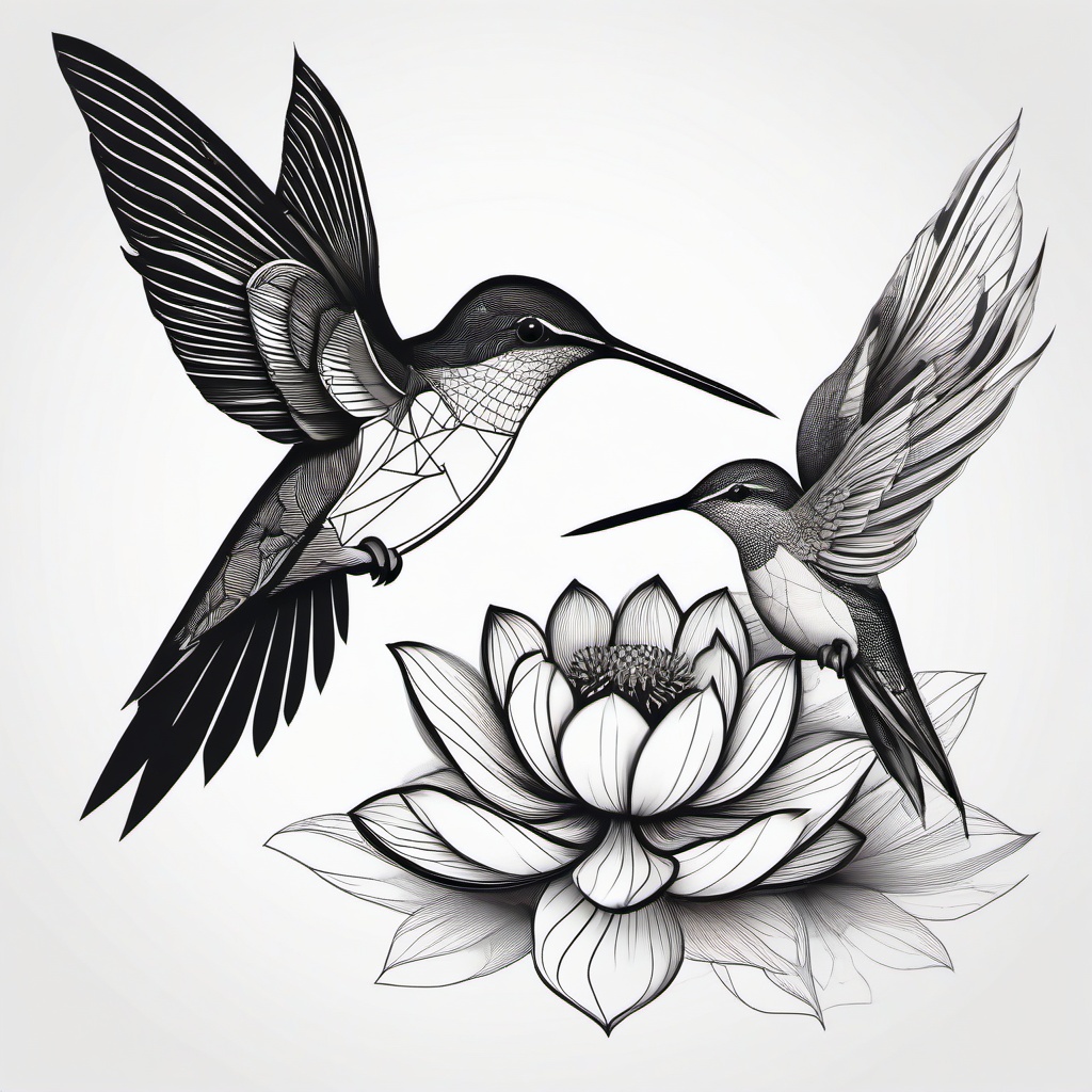 Two hummingbirds and lotus black and white , waves geometric tattoo 