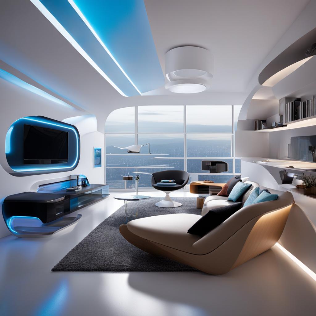 futuristic living room with high-tech gadgets and futuristic furniture. 