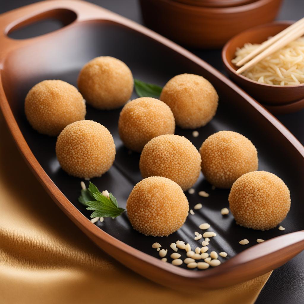 sesame seed balls, deep-fried glutinous rice balls coated with sesame seeds. 