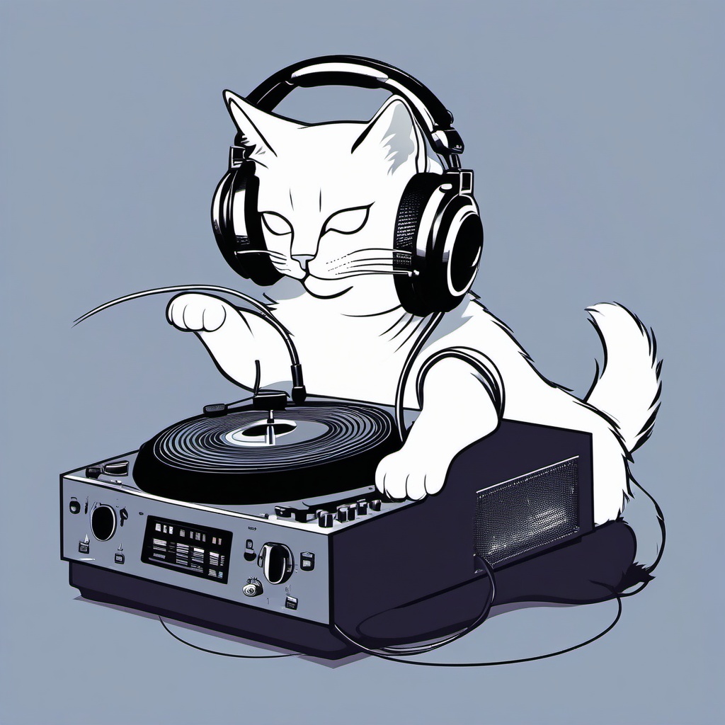 Cat as a DJ, spinning records at a party  minimalist color design, white background, t shirt vector art