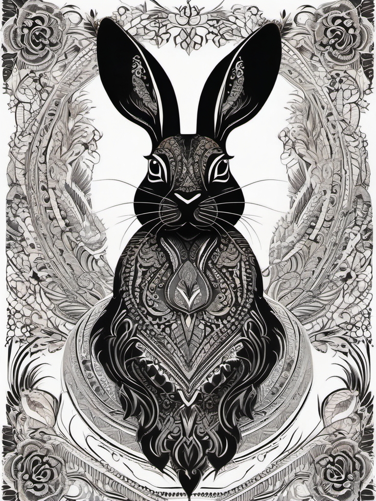 Black rabbit with intricate patterns ink. Cultural mystery in art.  color tattoo, white background