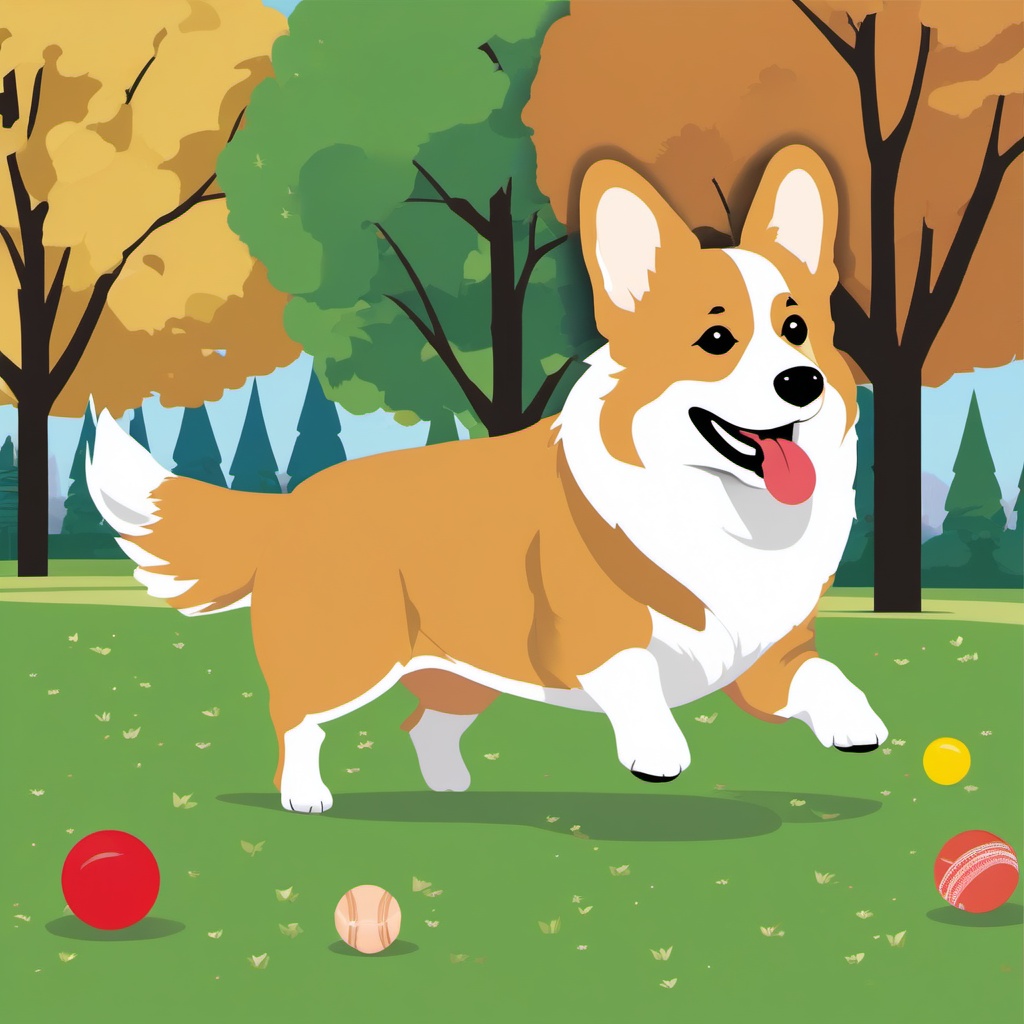 Corgi playing fetch in the park clipart  simple, 2d flat