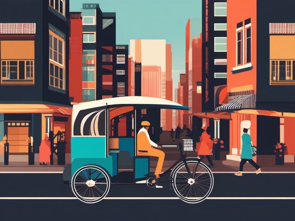 Rickshaw Clipart - A rickshaw pedaled through bustling streets.  transport, color vector clipart, minimal style