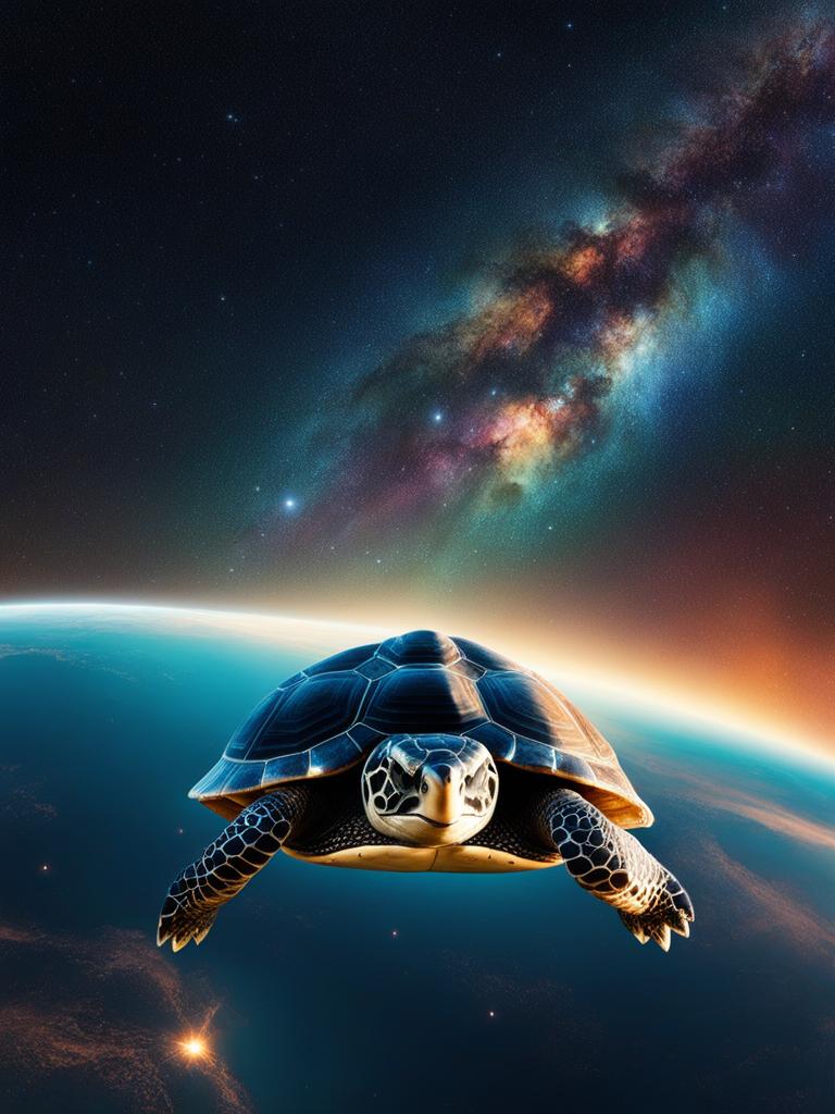 imagine an otherworldly landscape where space-faring turtles traverse the cosmos. 