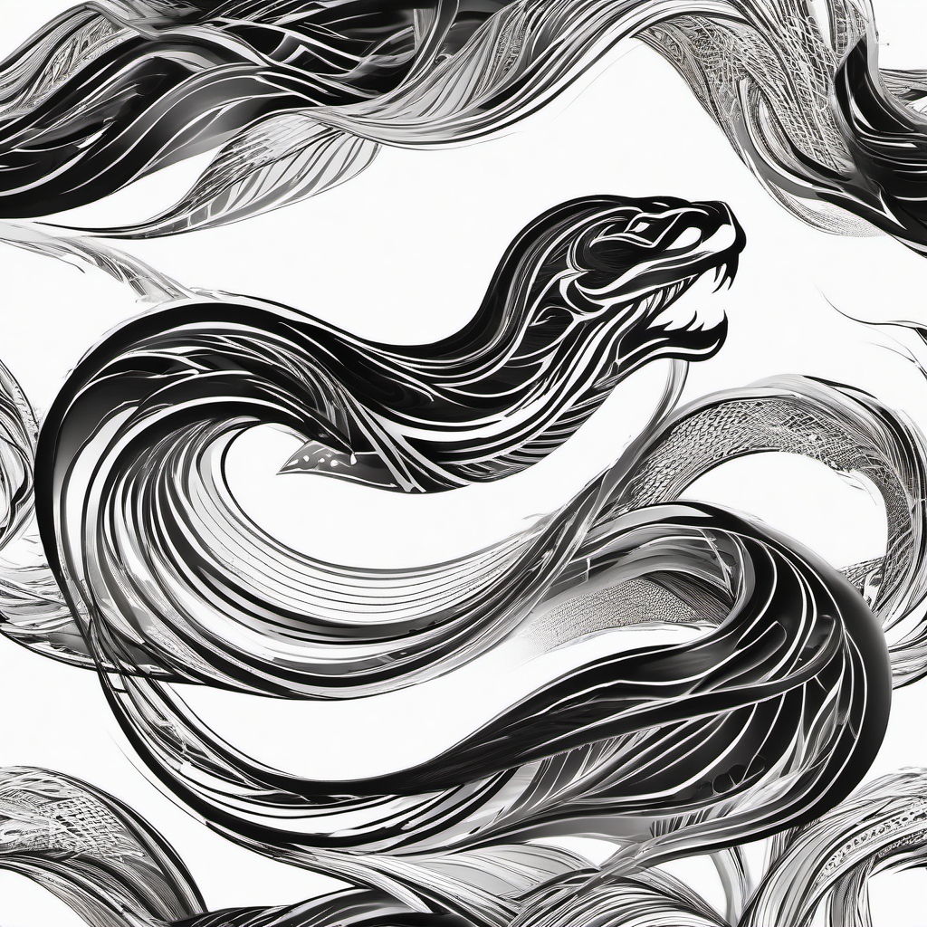 Abstract black mamba waves ink. Dynamic energy of the serpent.  color tattoo, white background