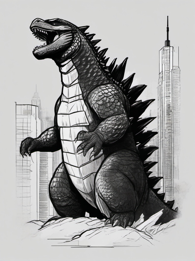 drawing of Godzilla in a movie scene  minimal rough sketch scribbles,doodles,black and white