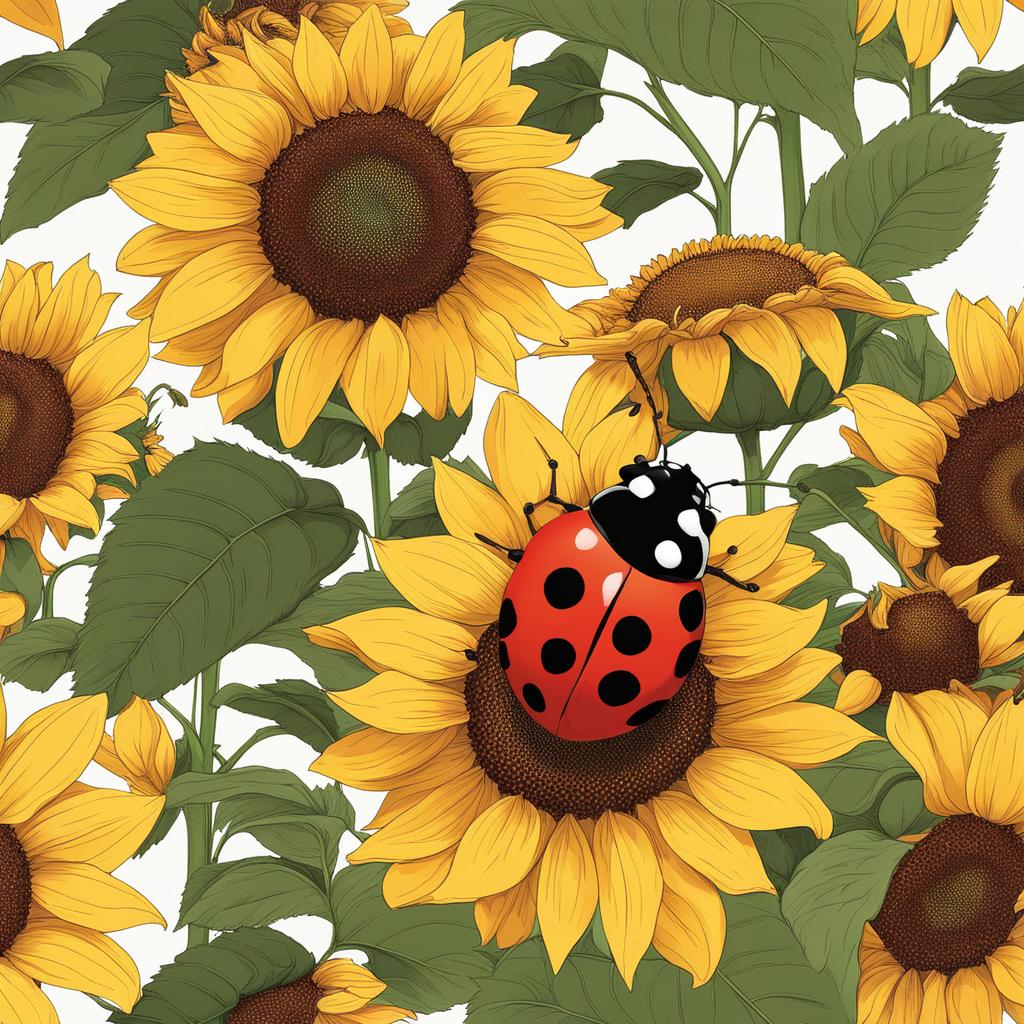 ladybug clipart - a spotted ladybug perched on a sunflower, amidst a lush garden in full bloom 