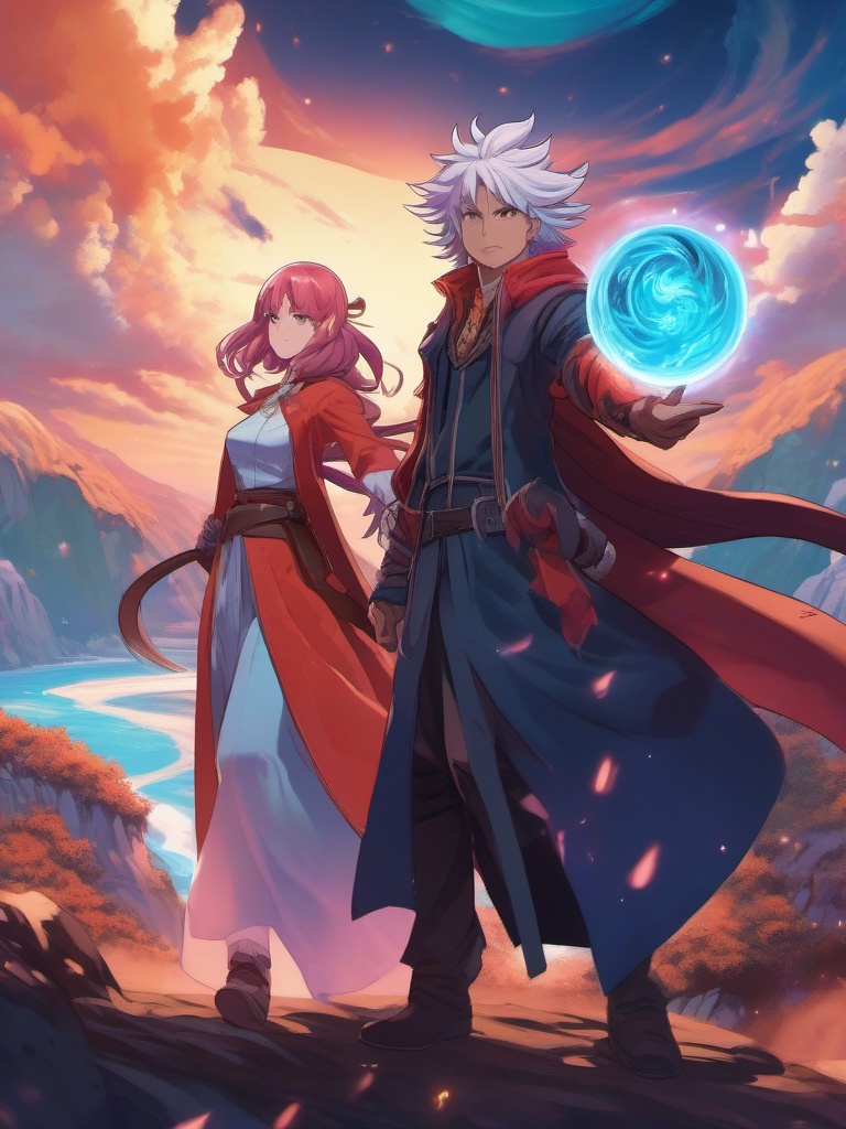 Chaos-wielding mage and chaotic mage companion, in a world of floating islands, conjuring powerful spells to reshape reality, as a matching pfp for couples. wide shot, cool anime color style