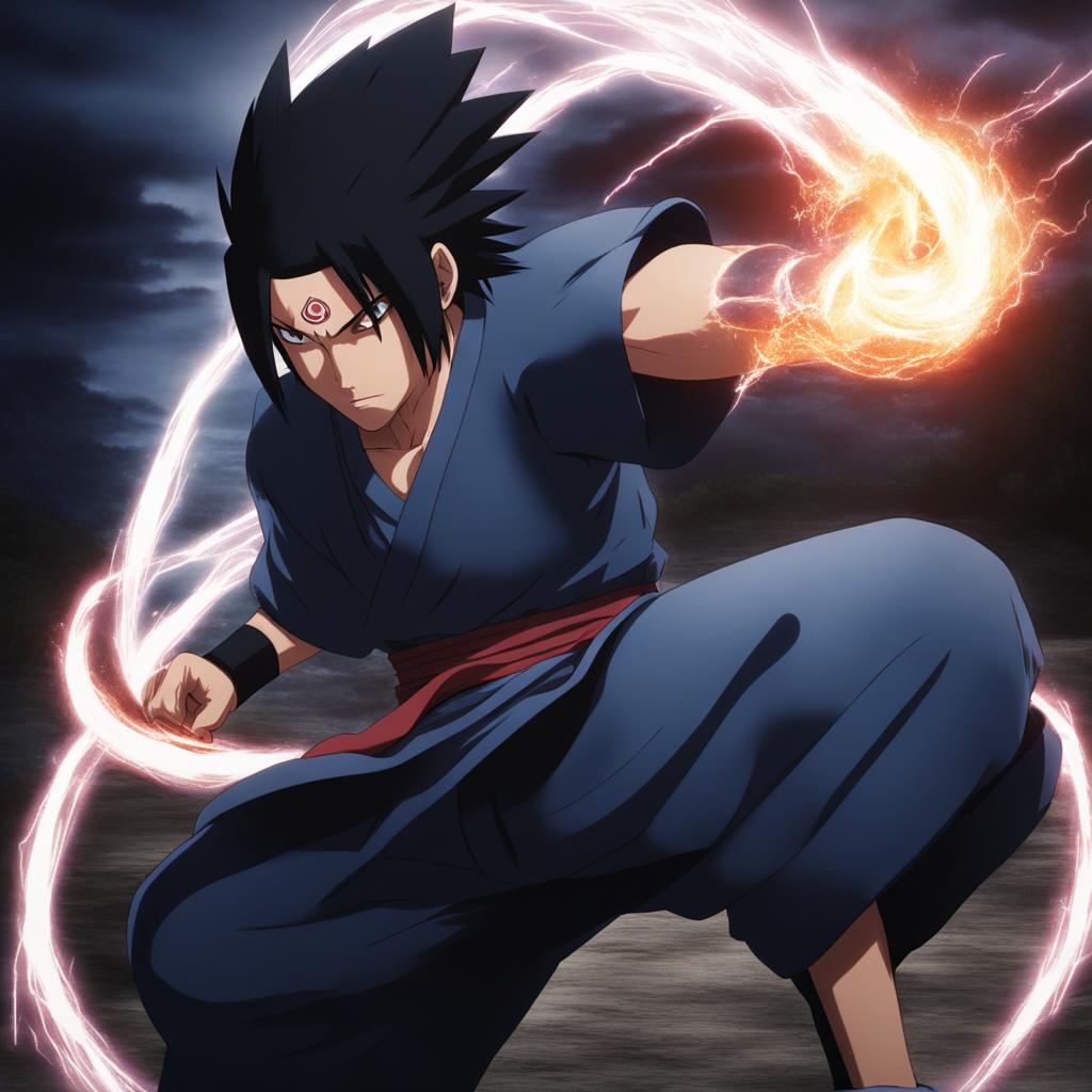 sasuke uchiha perfects his chidori technique in a hidden training ground. 