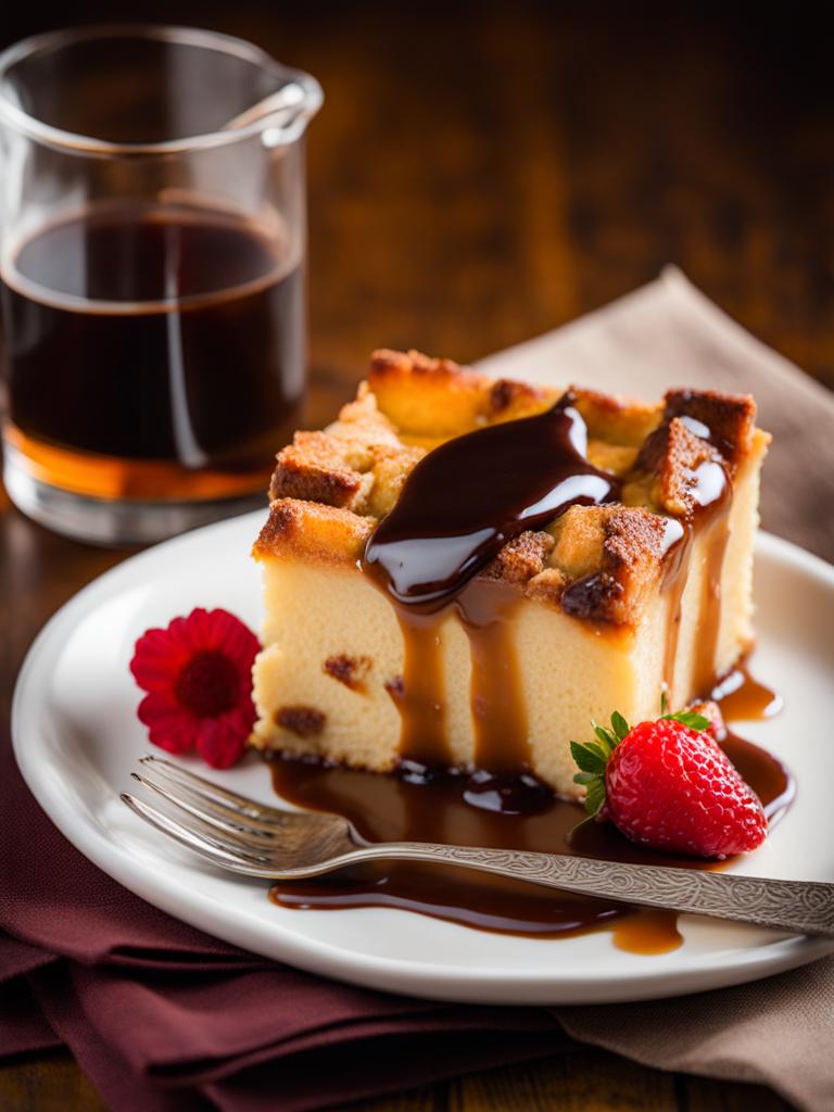 a serving of creamy bread pudding, infused with vanilla and served with a warm bourbon sauce. 