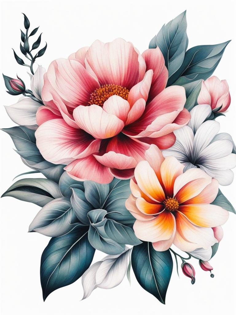 Flower tattoos for women, Elegant and artistic tattoos featuring various flowers, often preferred by women.  vivid colors, white background, tattoo design