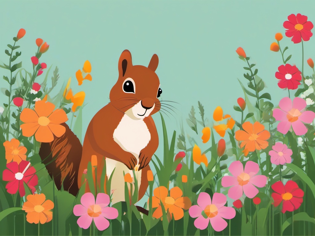 Squirrel clipart - squirrel looking out over a field of flowers  color,minimalist,vector clipart