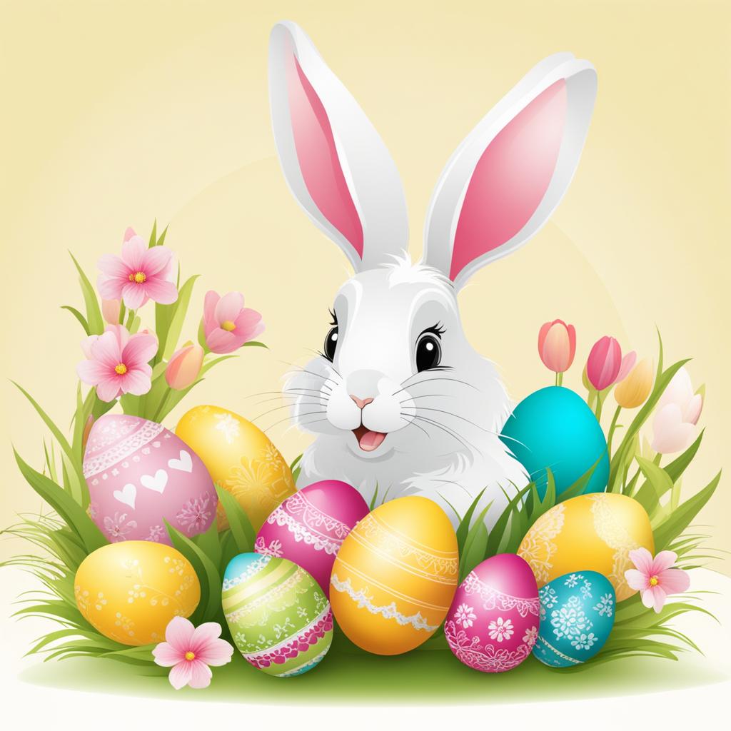 easter clip art: charming easter scene with colorful eggs and a bunny. 